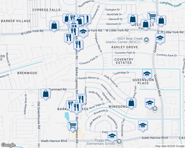 map of restaurants, bars, coffee shops, grocery stores, and more near 18178 Holly Forest Drive in Houston
