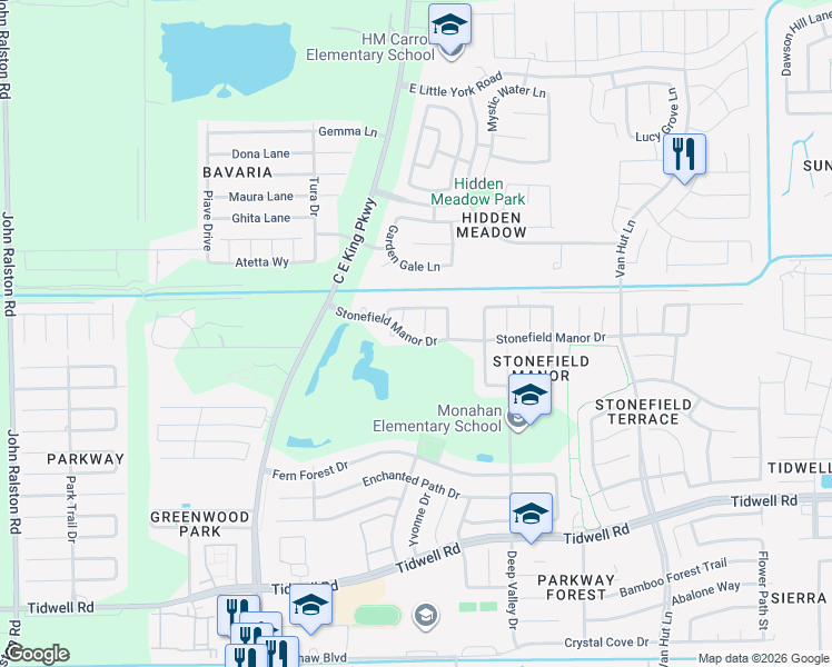 map of restaurants, bars, coffee shops, grocery stores, and more near 9503 Manorstone Court in Houston