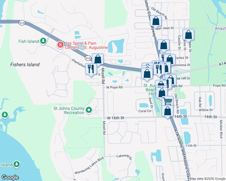 map of restaurants, bars, coffee shops, grocery stores, and more near 228 Ocean Cay Boulevard in St. Augustine