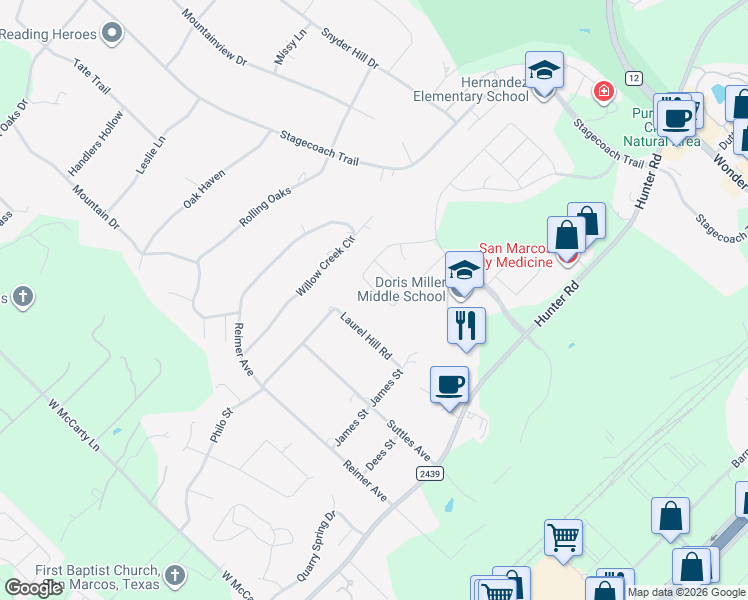 map of restaurants, bars, coffee shops, grocery stores, and more near 225 Mary Max Circle in San Marcos