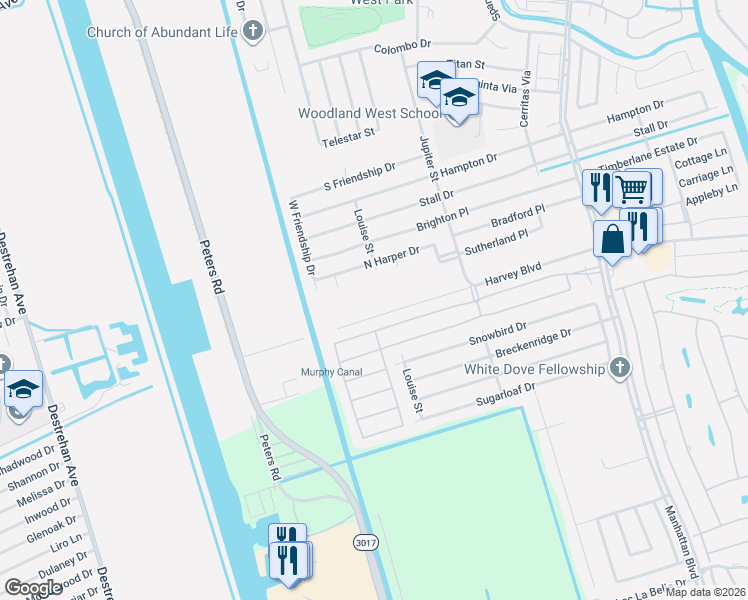 map of restaurants, bars, coffee shops, grocery stores, and more near 2311 North Harper Drive in Harvey