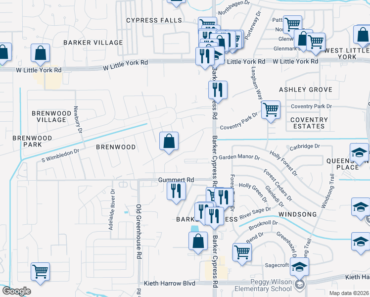 map of restaurants, bars, coffee shops, grocery stores, and more near 18302 Flint Hill Drive in Katy
