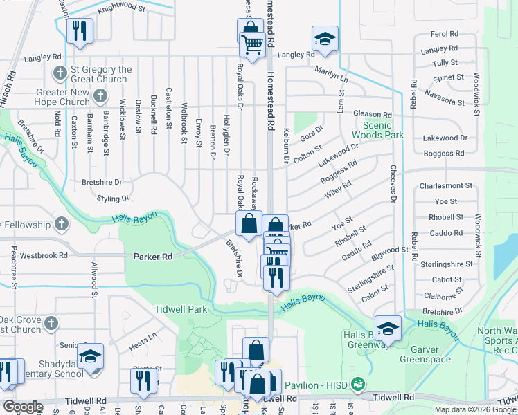 map of restaurants, bars, coffee shops, grocery stores, and more near 10129 Homestead Road in Houston