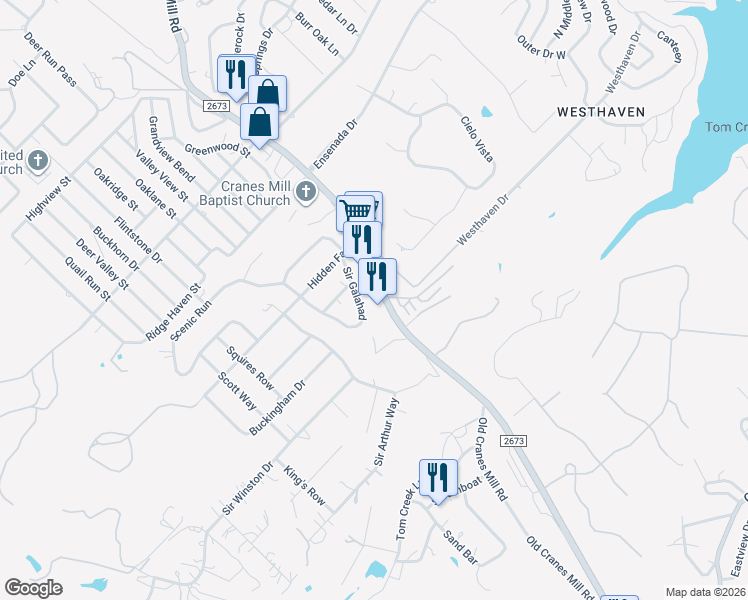 map of restaurants, bars, coffee shops, grocery stores, and more near 9871 Farm to Market Road 2673 in Canyon Lake