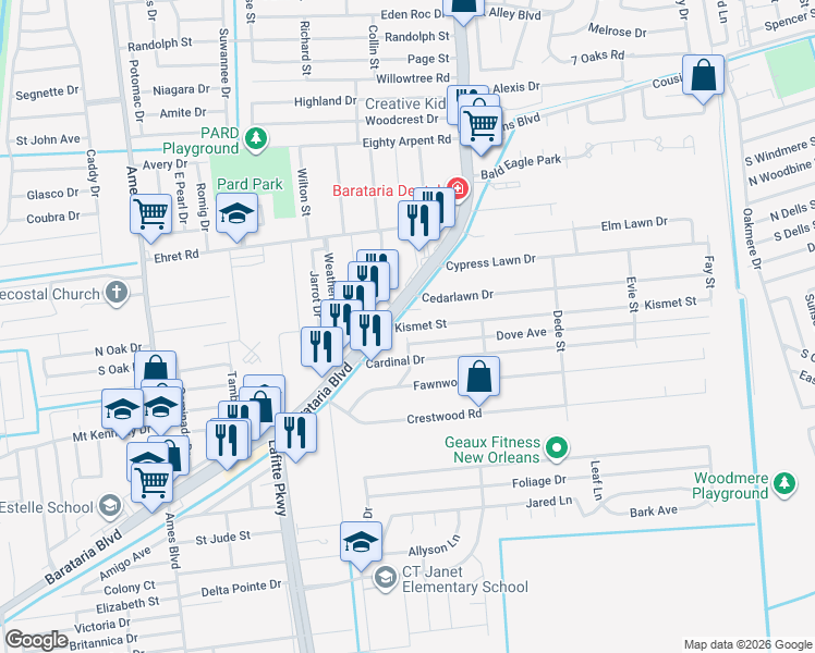 map of restaurants, bars, coffee shops, grocery stores, and more near 2507 Kismet Street in Marrero