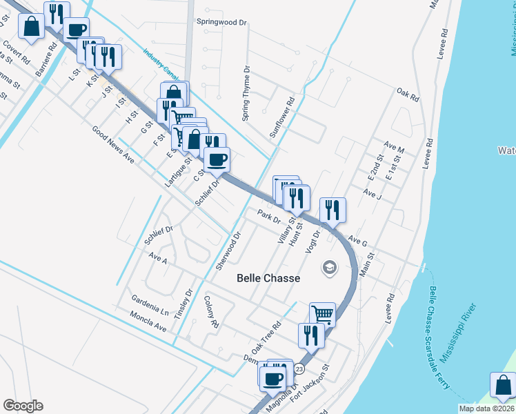map of restaurants, bars, coffee shops, grocery stores, and more near 8088 Louisiana 23 in Belle Chasse