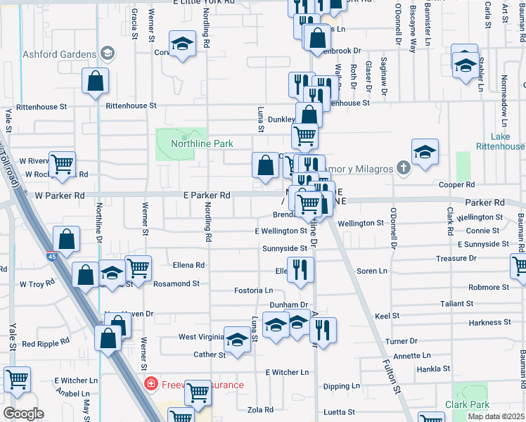 map of restaurants, bars, coffee shops, grocery stores, and more near in Houston