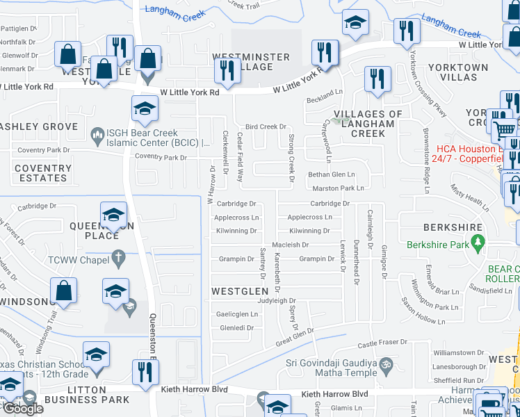 map of restaurants, bars, coffee shops, grocery stores, and more near 17003 Carbridge Drive in Houston