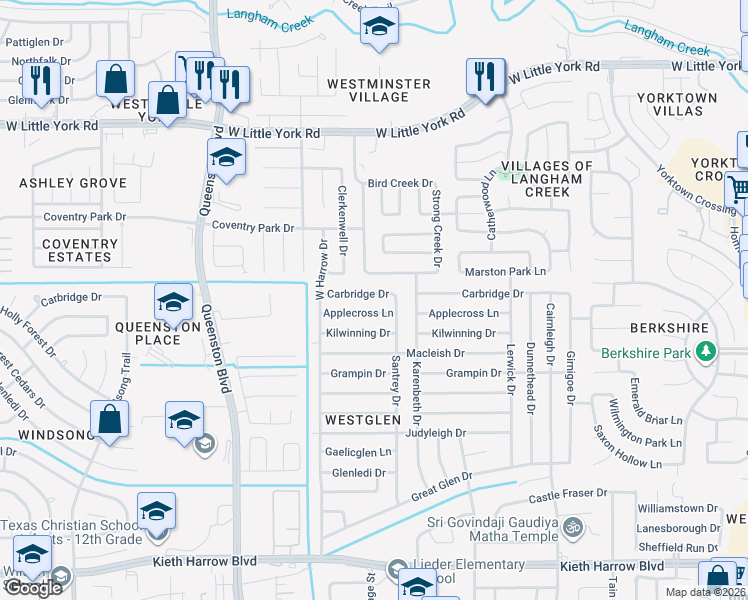 map of restaurants, bars, coffee shops, grocery stores, and more near 17027 Carbridge Drive in Houston