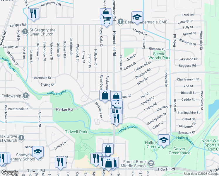 map of restaurants, bars, coffee shops, grocery stores, and more near 10129 Homestead Road in Houston