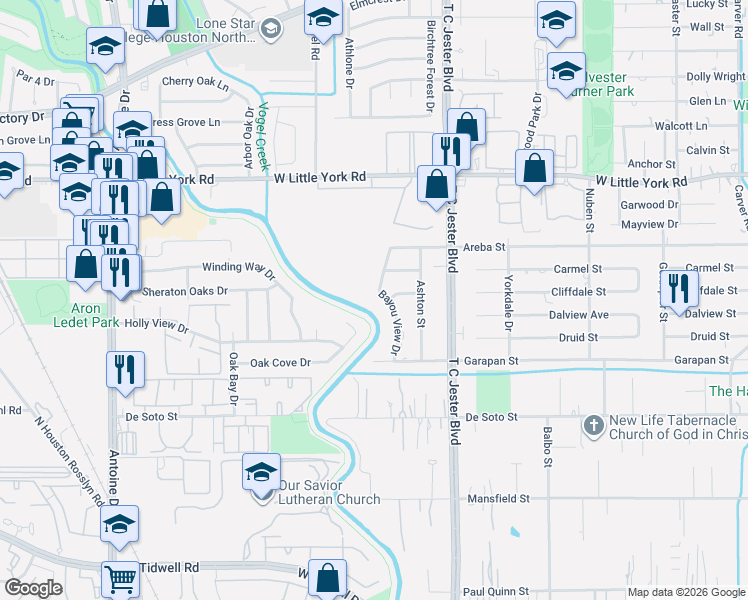map of restaurants, bars, coffee shops, grocery stores, and more near 6606 Bayou View Drive in Houston