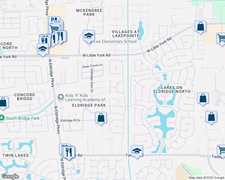 map of restaurants, bars, coffee shops, grocery stores, and more near 6015 Serrano Terrace Lane in Houston