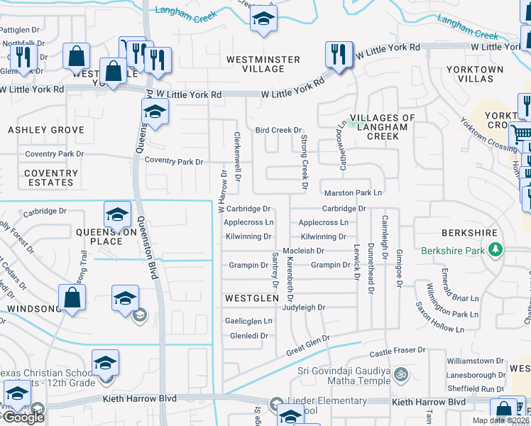 map of restaurants, bars, coffee shops, grocery stores, and more near 17027 Carbridge Drive in Houston