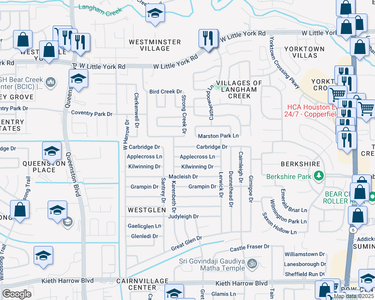 map of restaurants, bars, coffee shops, grocery stores, and more near 16919 Carbridge Drive in Houston