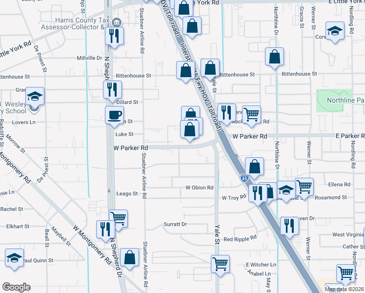 map of restaurants, bars, coffee shops, grocery stores, and more near 449 West Parker Road in Houston