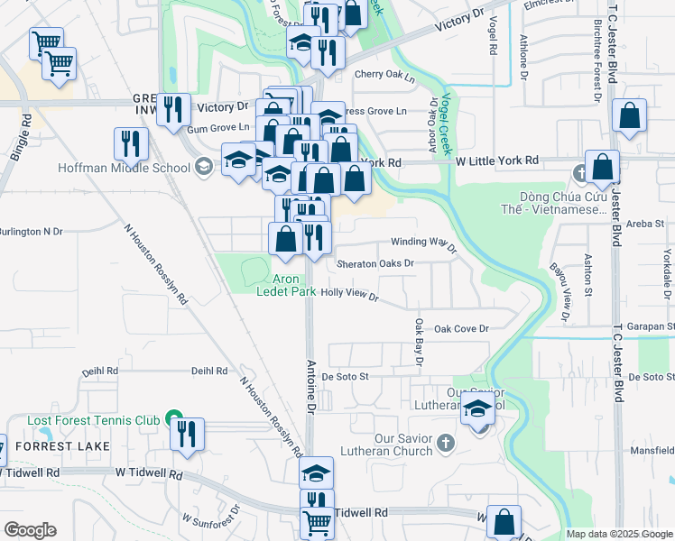 map of restaurants, bars, coffee shops, grocery stores, and more near 5633 Sheraton Oaks Drive in Houston