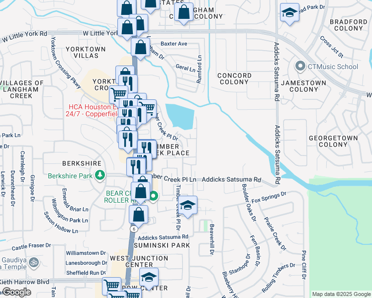 map of restaurants, bars, coffee shops, grocery stores, and more near 403 Timber Creek Place Drive in Houston