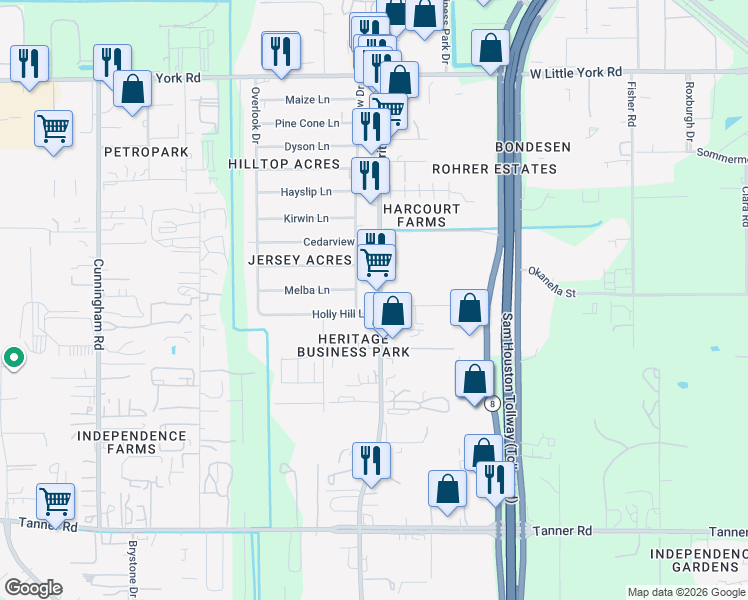 map of restaurants, bars, coffee shops, grocery stores, and more near 6211 Brittmoore Road in Houston
