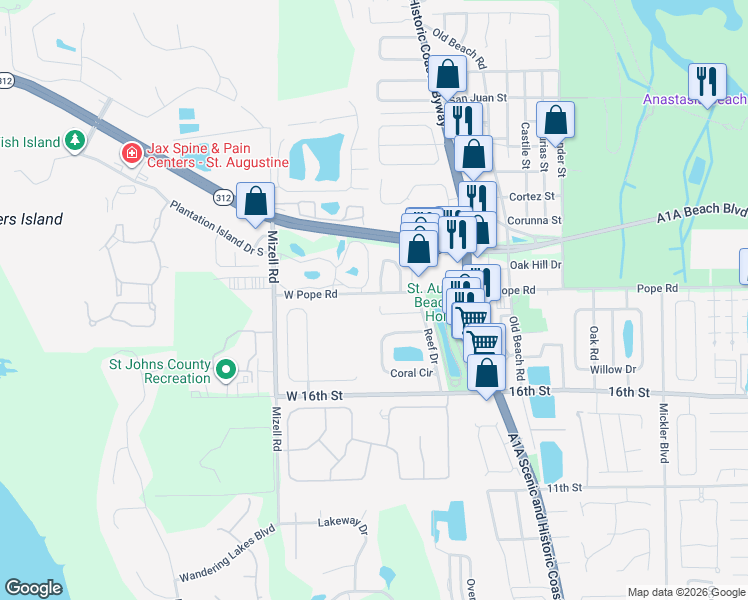 map of restaurants, bars, coffee shops, grocery stores, and more near 625 West Pope Road in St. Augustine