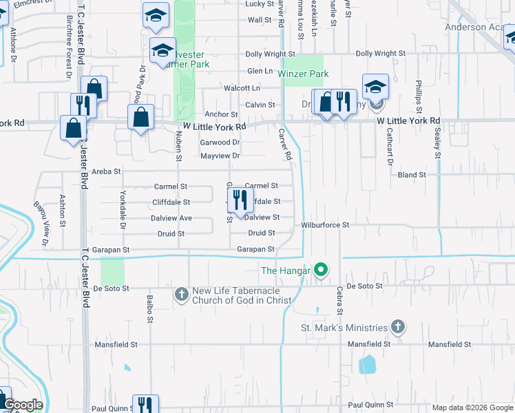 map of restaurants, bars, coffee shops, grocery stores, and more near 2445 Cliffdale Street in Houston