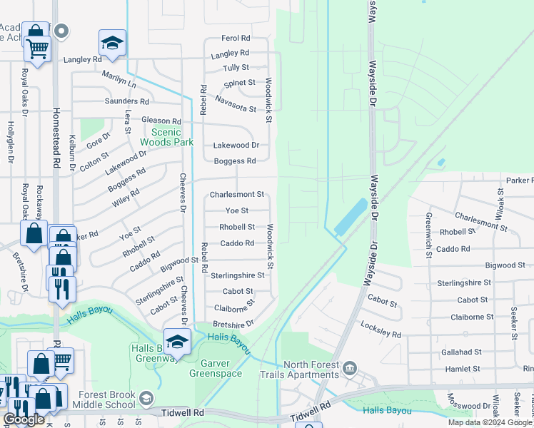 map of restaurants, bars, coffee shops, grocery stores, and more near 7734 Yoe Street in Houston