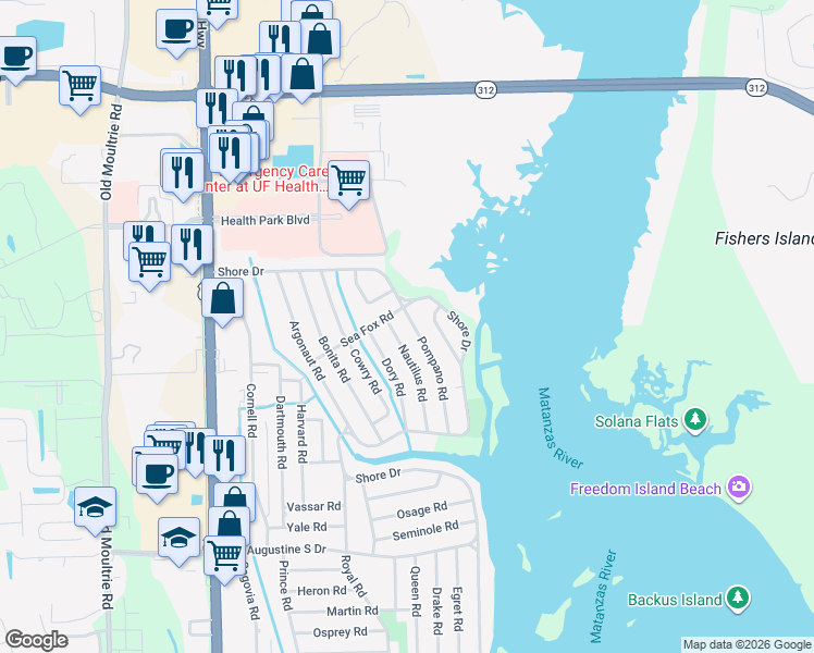 map of restaurants, bars, coffee shops, grocery stores, and more near 104 Pompano Road in St. Augustine