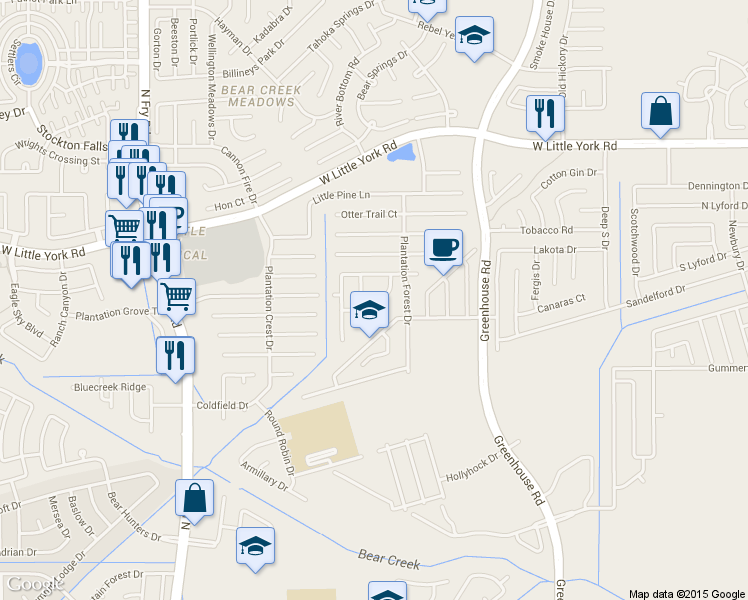 map of restaurants, bars, coffee shops, grocery stores, and more near 19438 Plantation Bend Lane in Katy