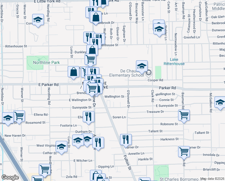 map of restaurants, bars, coffee shops, grocery stores, and more near 34 Parker Rd in Houston