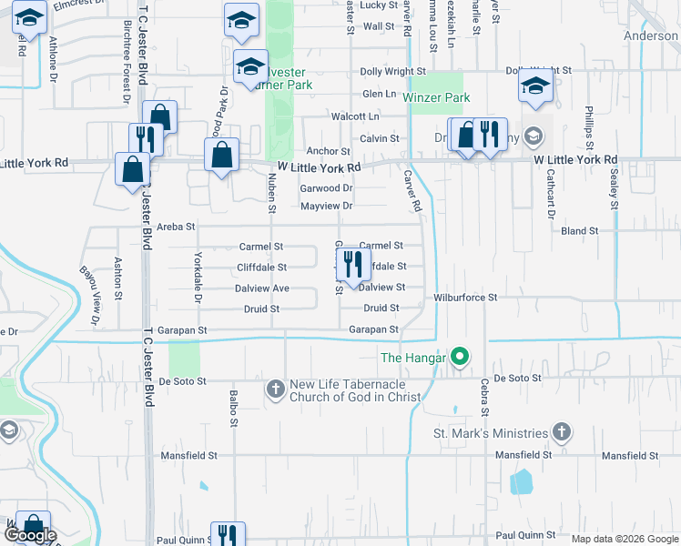 map of restaurants, bars, coffee shops, grocery stores, and more near 6601 Goldspier Street in Houston