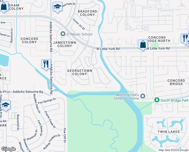 map of restaurants, bars, coffee shops, grocery stores, and more near 5703 Charlestown Colony Drive in Houston