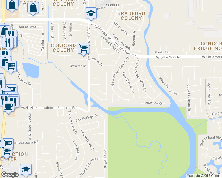 map of restaurants, bars, coffee shops, grocery stores, and more near 5727 Georgetown Colony Drive in Houston