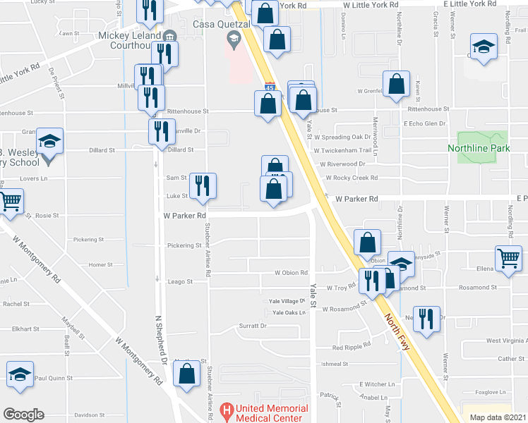 map of restaurants, bars, coffee shops, grocery stores, and more near 449 West Parker Road in Houston