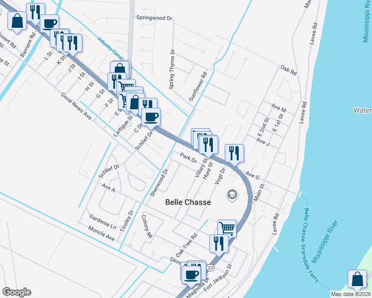map of restaurants, bars, coffee shops, grocery stores, and more near 8088 Louisiana 23 in Belle Chasse