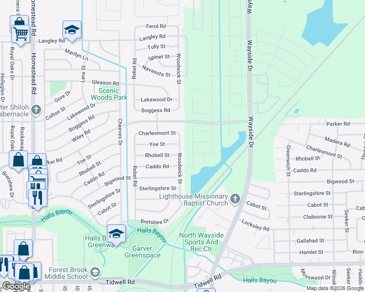map of restaurants, bars, coffee shops, grocery stores, and more near 10114 Woodwick Street in Houston