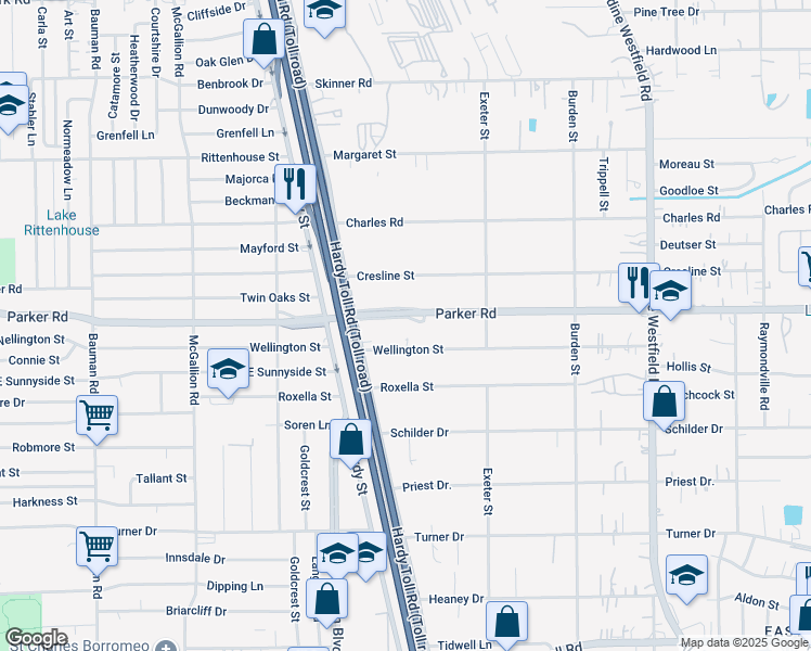 map of restaurants, bars, coffee shops, grocery stores, and more near 1614 Parker Road in Houston