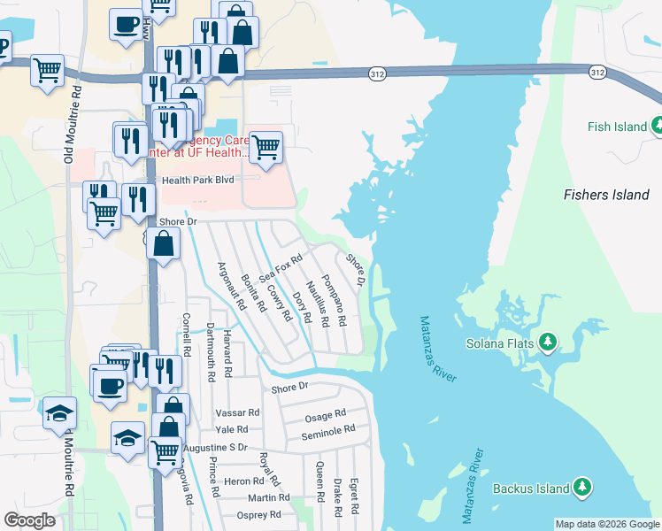 map of restaurants, bars, coffee shops, grocery stores, and more near 104 Pompano Road in St. Augustine