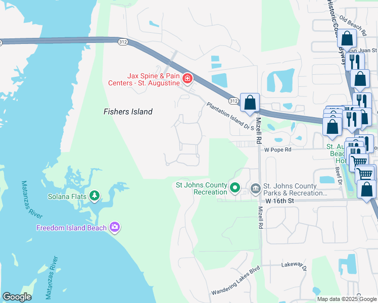map of restaurants, bars, coffee shops, grocery stores, and more near 171 Sunset Circle South in St. Augustine