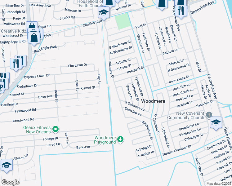 map of restaurants, bars, coffee shops, grocery stores, and more near 2444 Oakmere Drive in Harvey