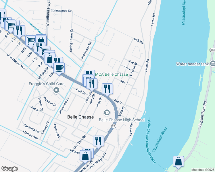 map of restaurants, bars, coffee shops, grocery stores, and more near 105 Kimble Street in Belle Chasse