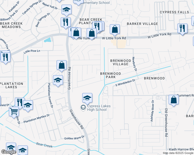 map of restaurants, bars, coffee shops, grocery stores, and more near 19107 Canaras Court in Katy