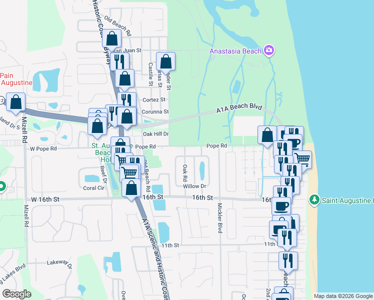 map of restaurants, bars, coffee shops, grocery stores, and more near 1 Oak Road in St. Augustine