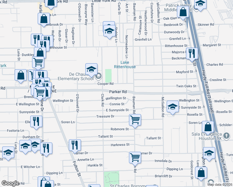 map of restaurants, bars, coffee shops, grocery stores, and more near 238 Parker Road in Houston