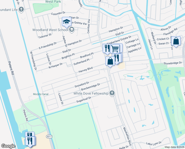 map of restaurants, bars, coffee shops, grocery stores, and more near 2003 South Village Green Street in Harvey
