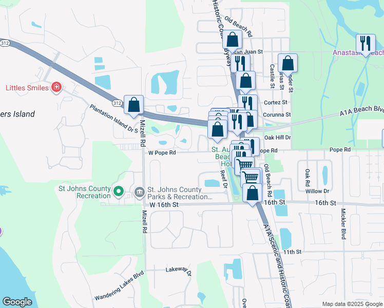 map of restaurants, bars, coffee shops, grocery stores, and more near 625 West Pope Road in St. Augustine