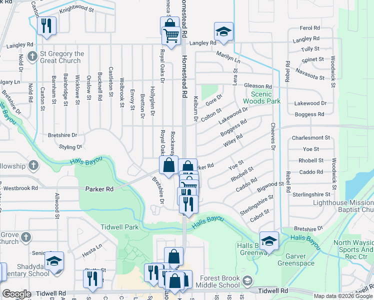 map of restaurants, bars, coffee shops, grocery stores, and more near 10129 Homestead Road in Houston