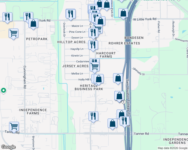 map of restaurants, bars, coffee shops, grocery stores, and more near 6211 Brittmoore Road in Houston