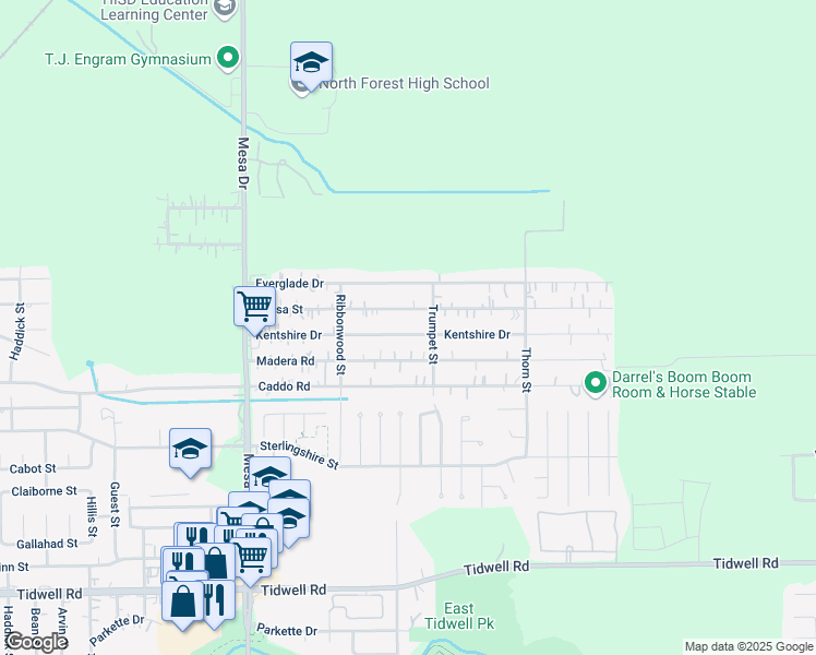map of restaurants, bars, coffee shops, grocery stores, and more near 9121 Kentshire Drive in Houston
