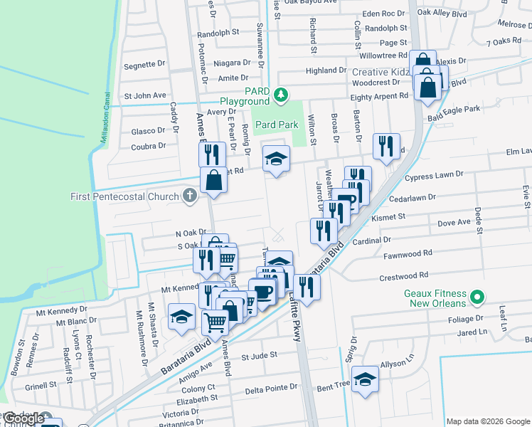 map of restaurants, bars, coffee shops, grocery stores, and more near 5500 Ames Court in Marrero