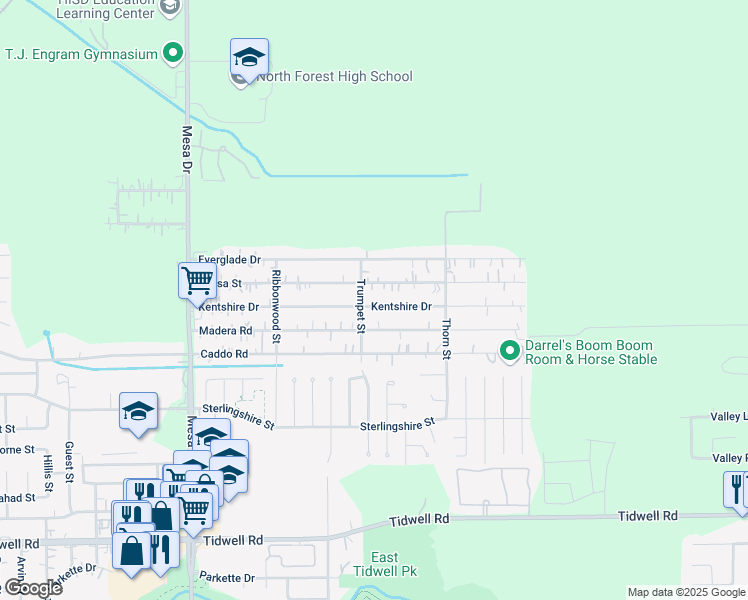 map of restaurants, bars, coffee shops, grocery stores, and more near 9209 Kentshire Drive in Houston