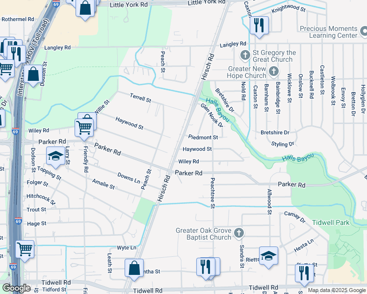 map of restaurants, bars, coffee shops, grocery stores, and more near 10302 Hirsch Rd in Houston